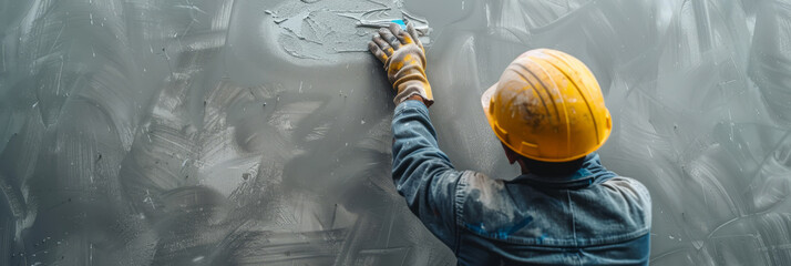 A worker smoothing out joint compound on drywall, capturing the dusty, detailed work involved.