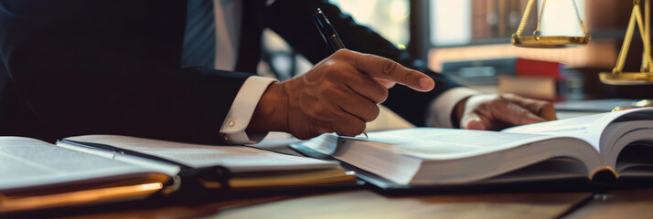 Obraz premium A lawyer pointing at a specific clause in a joint financial investment contract, with law books and financial reports on the desk.