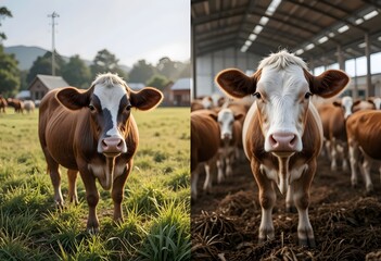 Cows in a field and in barn, agriculture and farm animals