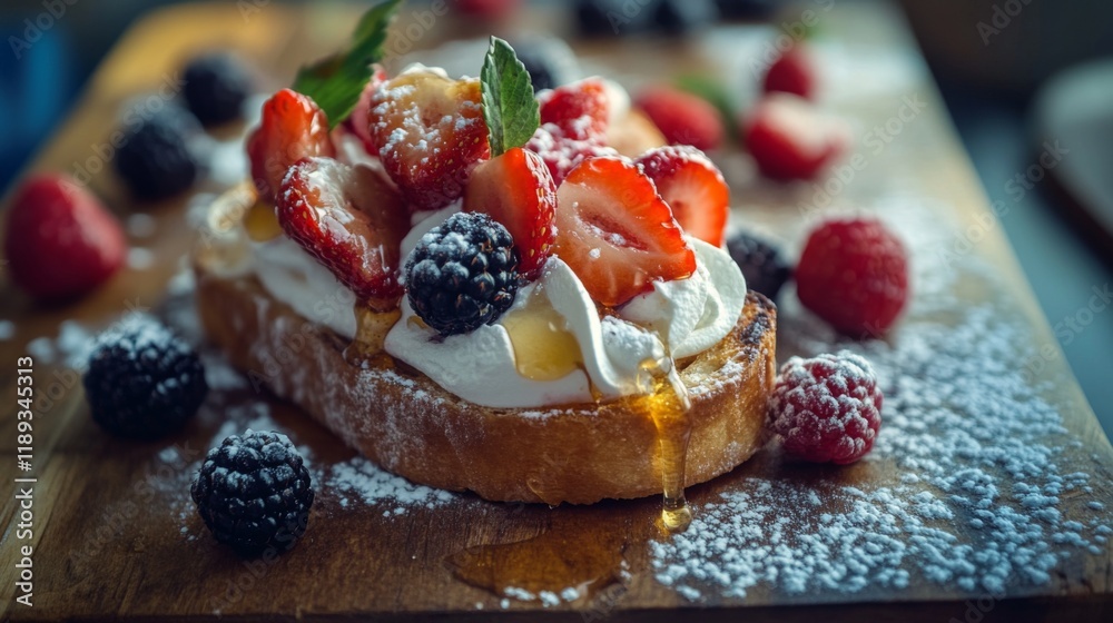 Poster A rustic wooden table with a slice of toasted bread topped with fresh berries and whipped cream, drizzled with honey, creating a delicious and inviting dessert presentation.