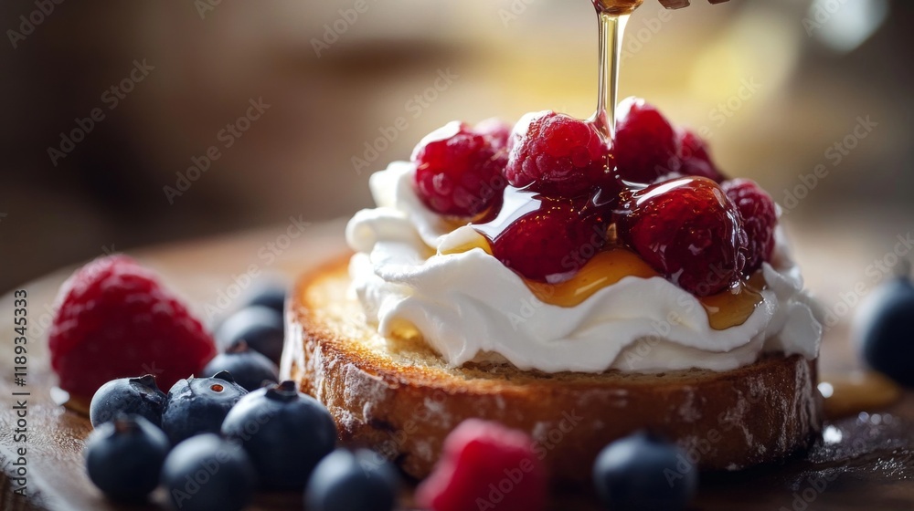 Poster A rustic wooden table with a slice of toasted bread topped with fresh berries and whipped cream, drizzled with honey, creating a delicious and inviting dessert presentation.