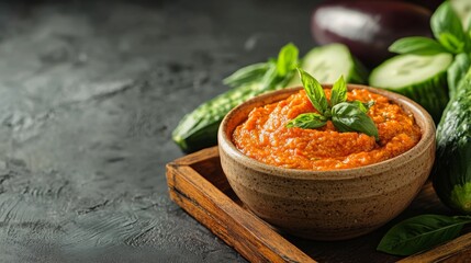 A serving of Thai chili paste in a small earthenware bowl, accompanied by fresh vegetables like cucumbers, eggplants, and cabbage, placed on a wooden tray.