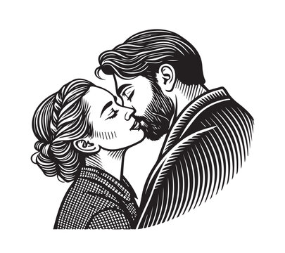 recommend clip art: black and white Couple one line art drawing design. Vector isolated cover poster design. Love print. Couple kissing line drawing with white background