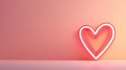 Glowing heart shaped neon light on soft pink background, creating romantic ambiance