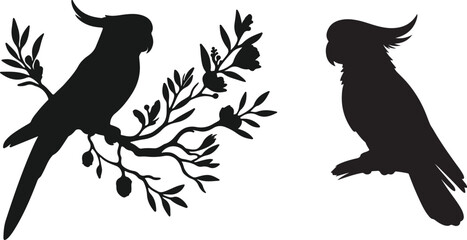 set of cockatoo bird sitting on tree branch silhouette design vector art illustration © Mohaiminul