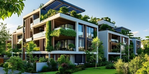 An image showcasing a modern, eco-friendly apartment building, densely adorned with vibrant greenery and sustainable design elements, highlighting the integration of nature with urban living.