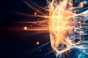 Global digital network, data streams, futuristic technology, glowing sphere, abstract background, perfect for tech websites