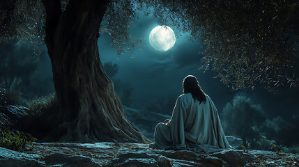 Jesus praying at the center of Gethsemane under a glowing moon, surrounded by twisted olive branches, serene garden atmosphere, intricate bark and leaf textures, cinematic depth,