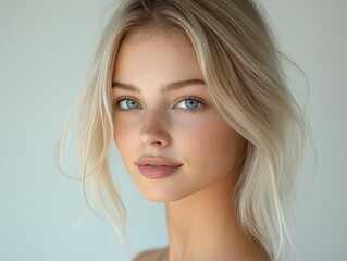 Naklejka premium Close-up studio portrait of young attractive blonde woman. Natural smile, healthy complexion. Posing confidently in front of plain white background. Expression happy, natural. Hair long, flowing.