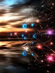 Obraz premium Global network connection at sunset, reflecting on calm water; concept for technology, communication, and globalisation