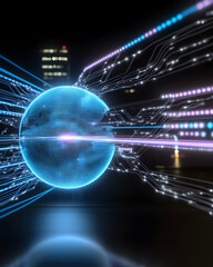 Obraz premium Global network connection, city at night, data streams, futuristic technology, website banner