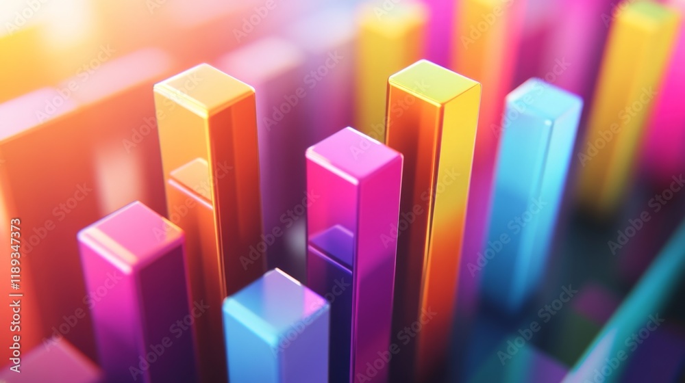 Leinwandbilder A top-down view of a D bar graph with gradient-colored bars, illustrating increasing data values, against a soft-focus background of office elements for a corporate feel.