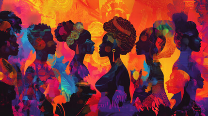 A vibrant and diverse illustration celebrating Black History Month, featuring silhouettes of individuals in various colors, symbolizing unity and cultural pride