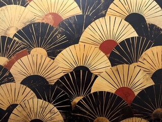 1920s Gatsby-inspired pattern with overlapping fan shapes, black and gold Art Deco style