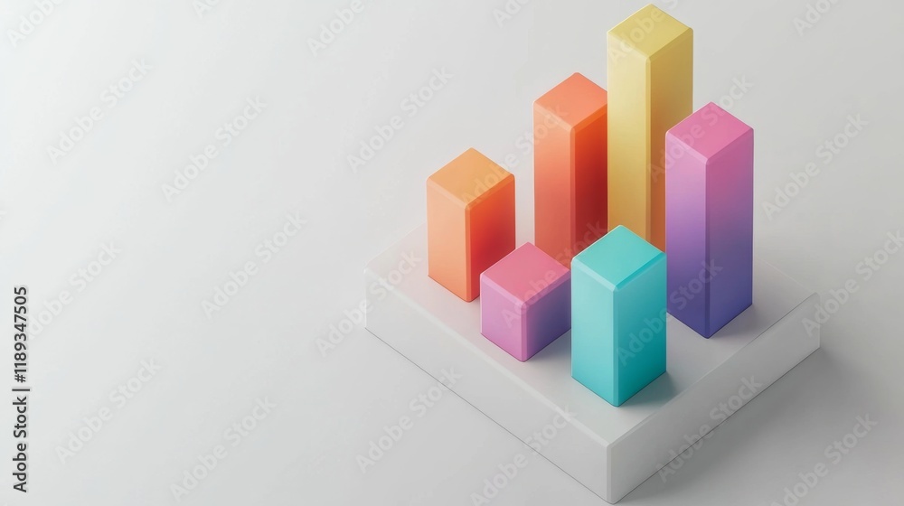 Poster A top-down view of a D business bar graph with dynamic heights, showcasing various revenue streams, against a white surface with soft shadows for added depth.