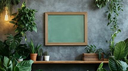Serene Botanical Display: Framed Green Slate, Lush Greenery, Rustic Shelf