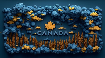 Artistic Vector Map of Canada with Golden Maple Leaf and Stylized Clouds