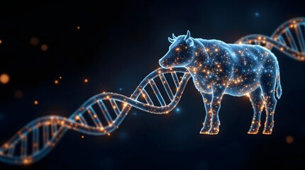 Cow with glowing DNA strand, genetic and animal research