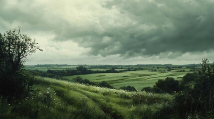 Obraz premium Dramatic Wide Shot Photo: Rolling Green Hills Under a Moody, Approaching Storm. AI Generated