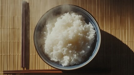 A top-down view of a bowl of hot, fluffy rice with steam rising, placed on a bamboo mat with chopsticks resting beside it for an authentic and traditional look.