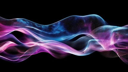 Abstract vibrant flowing lines of light, glowing particles on a dark background.