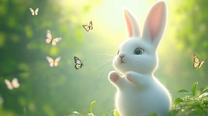 White fluffy rabbit in spring meadow with butterflies fluttering, sunlight streaming through greenery, enchanting nature scene perfect for Easter-themed designs.