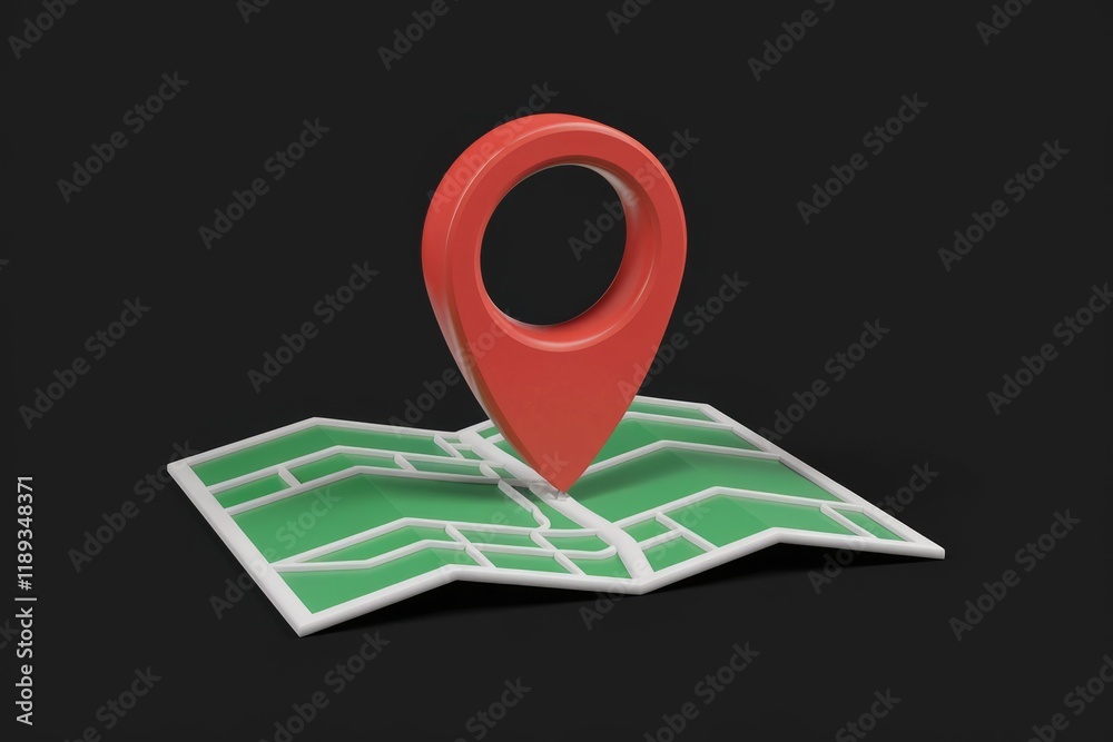 Poster red location pin marker on a green map indicating a specific place or point of interest.