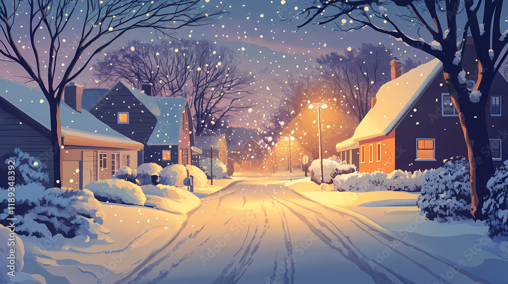 Poster Tranquil suburban street covered in snow at dusk during winter evening with light snowfall and serene houses winter holiday atmosphere. Duskfall. Illustration