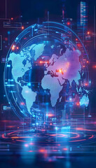 Obraz premium Global network connection, data visualization, futuristic technology, digital world map, glowing lights, background abstract