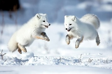 A pair of Arctic foxes with fluffy white fur, playfully chasing each other on snow-covered tundra.