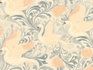 Art Nouveau-inspired bird and vine pattern with swans and peacocks, pastel tones