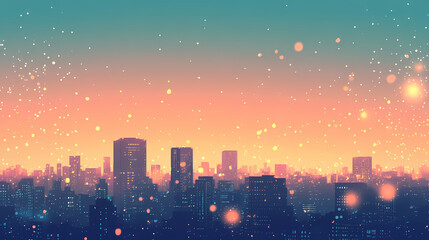 Twilight cityscape, hazy urban skyline, soft hues blending, serene evening atmosphere, city lights beginning to twinkle. Duskfall. Illustration