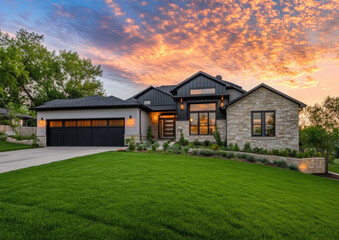 Obraz premium Luxury home during twilight golden hour with pink and purple sky and lush landscaping in Nebraska USA 