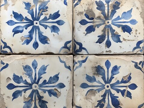 Azulejo tile pattern with blue and white Portuguese ceramic motifs, vintage aesthetic
