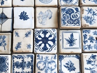 Azulejo tile pattern with blue and white Portuguese ceramic motifs, vintage aesthetic