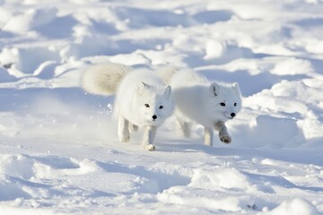 A pair of Arctic foxes with fluffy white fur, playfully chasing each other on snow-covered tundra.