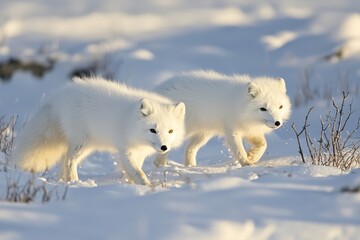 Obraz premium A pair of Arctic foxes with fluffy white fur, playfully chasing each other on snow-covered tundra.