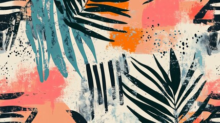 Tropical Palm Leaves Abstract Art: Vibrant Coral and Teal Strokes