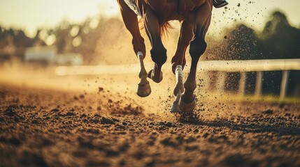 Obraz premium Intense horse racing at golden hour on track