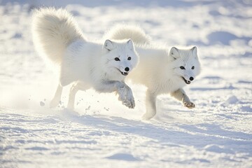 Naklejka premium A pair of Arctic foxes with fluffy white fur, playfully chasing each other on snow-covered tundra.
