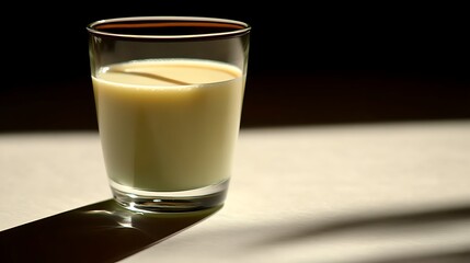 A glass of creamy milk sits on a surface