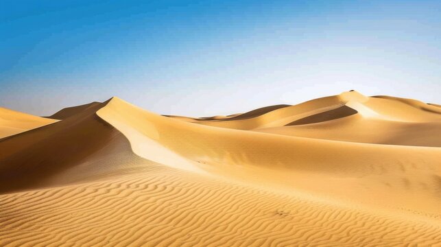 a surreal desert landscape stretching into the horizon with its golden sands and rugged terrain, white space in the center of the page for text, warm and earthy tones against a clear blue sky - Powered by Adobe