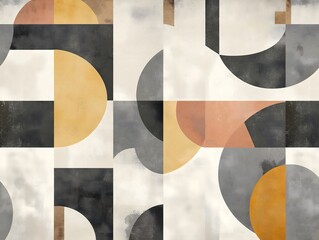 Mid-century modern abstract pattern with geometric shapes, muted earth tones, seamless texture