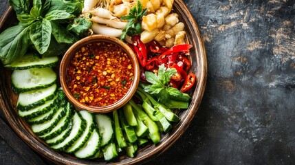A traditional Thai platter filled with a variety of fresh vegetables like cucumbers and water spinach, centered around a small bowl of rich, spicy chili paste.