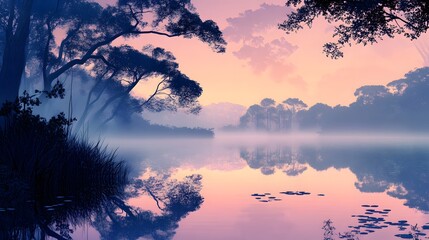Fototapeta premium Serene Misty Landscape at Dawn with Calm Water Reflection