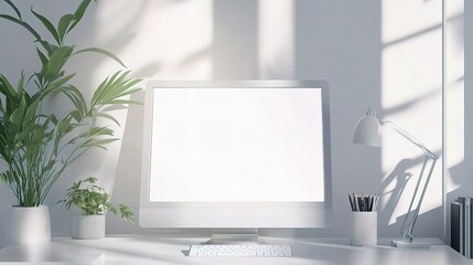 Fototapeta premium Modern Corporate Workspace Mockup with Blank Screen and Plants