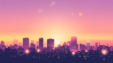 Fototapeta premium Urban skyline at dusk with purple pink skies and soft lights. Duskfall. Illustration