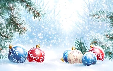 Ornament On Snowy Table With Garland Of Fir Branches. Abstract Christmas Background, Generative Ai