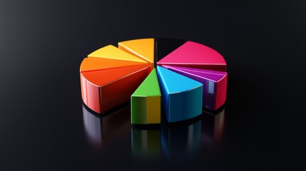 Obraz premium A vibrant D pie chart displaying different market shares, with glossy segments in various colors, set against a sleek dark background for a modern look.