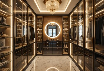 Luxury walk-in closet with chandelier and glass doors, fashion